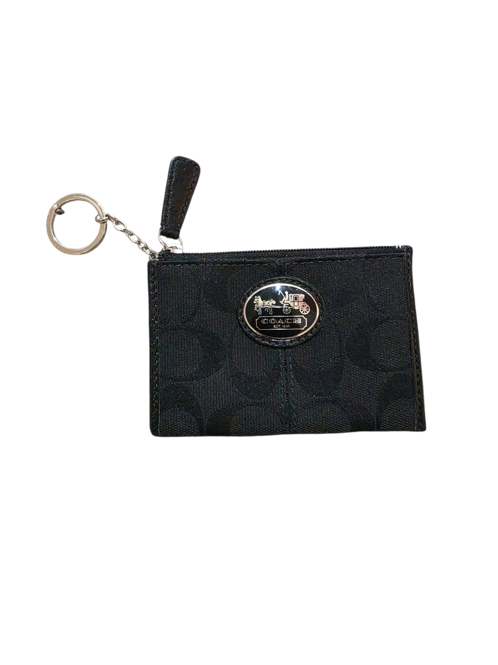 Coach Black Monogram Signature Key Ring Zip Card Case